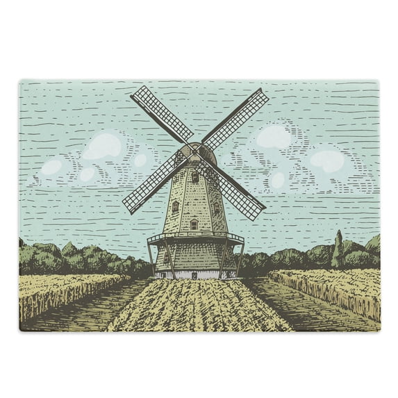 Dutch Cutting Board, Hand Drawn Style Windmill in a Farmland and Forest Vintage Agriculture Themed Image, Decorative Tempered Glass Cutting and Serving Board, Large Size, Multicolor, by Ambesonne