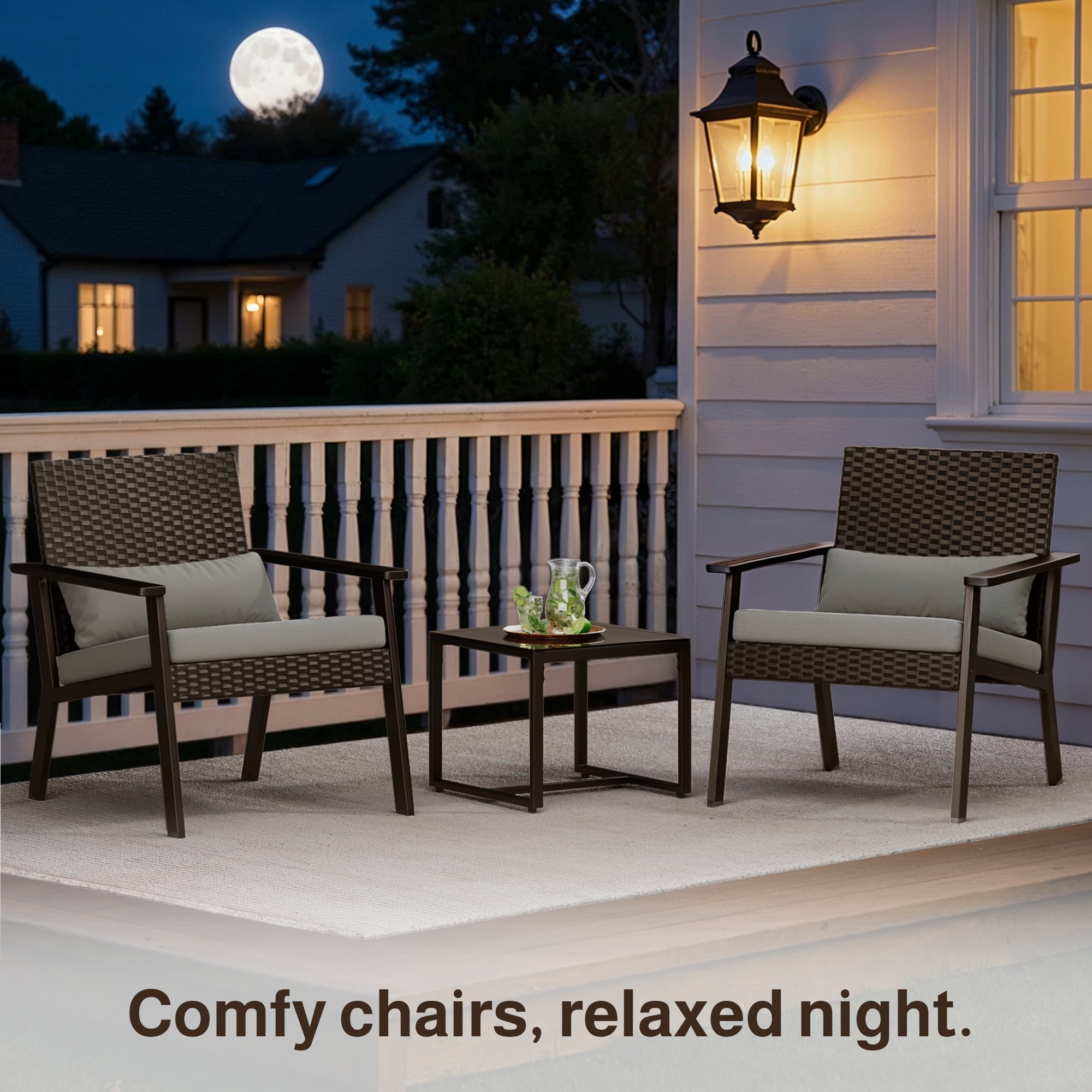 Outdoor Leisure Wicker Furnishing Pack Equipped with Clear Glass Table for Courtyard, Balcony and Entry Porch, Gray