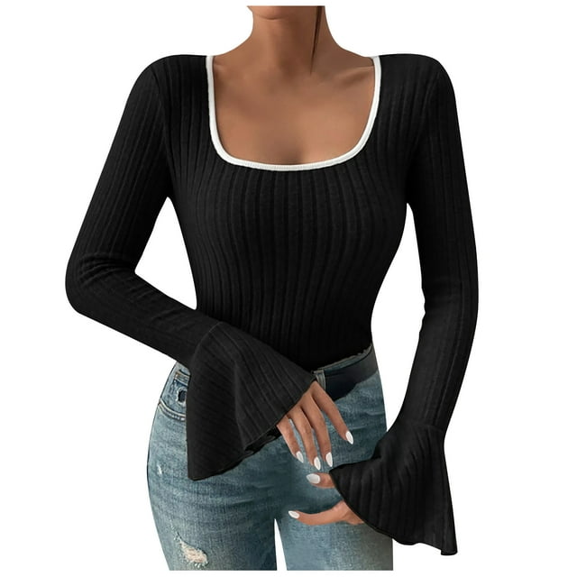 AherBiu Crop Tops for Women Ribbed Flare Long Sleeve Square Neck Slim Tight Basic Spring Shirt Blouse