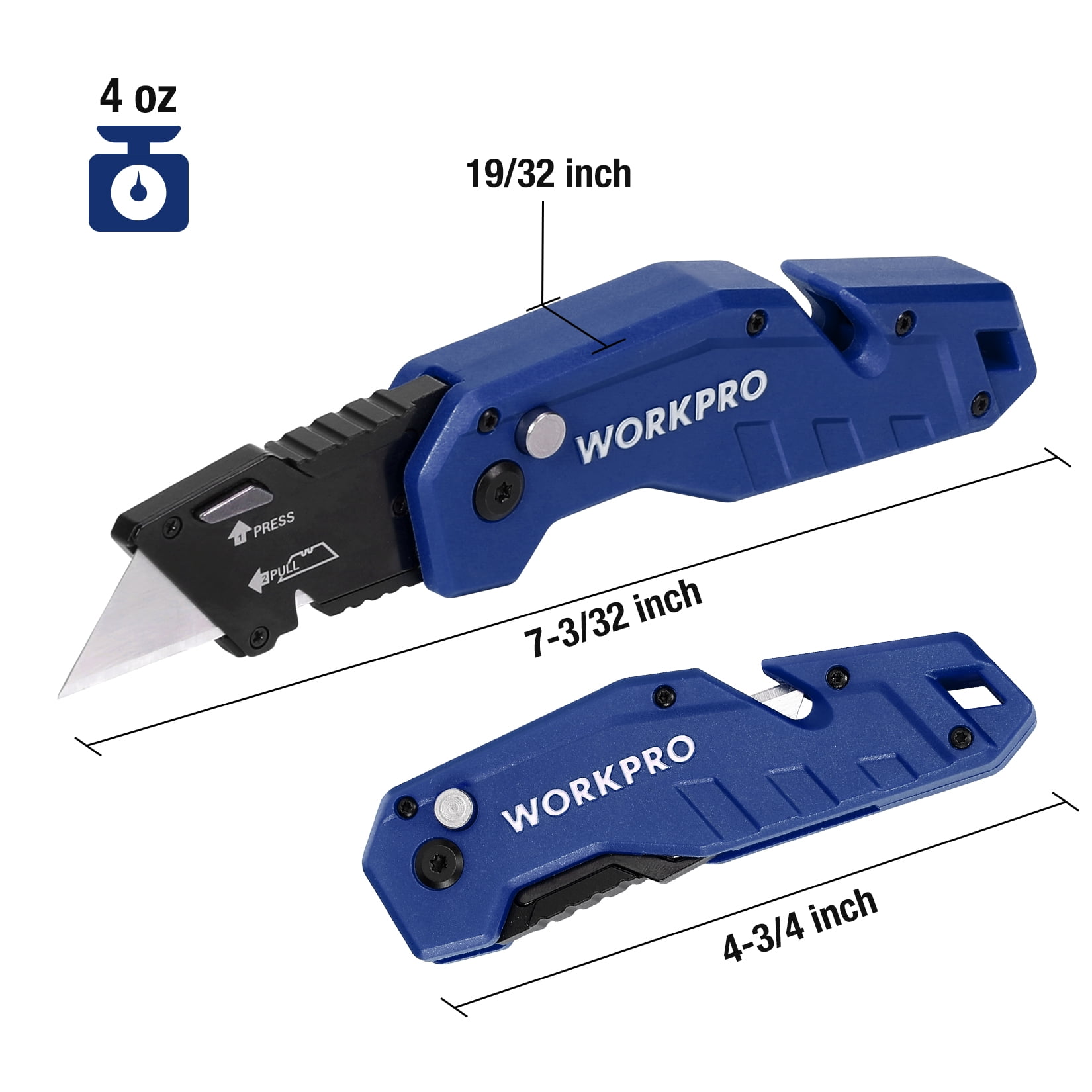WORKPRO Folding Utility Knife, Box Cutter with Belt Clip, Quick-Change Blade,  Lightweight Nylon Handle, Wire Stripper & Gut Hook, Extra 10 SK5 Blades  Included, Blue 