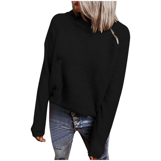 IROINID Chandail Col Roulé pour Femmes Couleur Unie Loisirs Manches Courtes Longues Fermeture Éclair