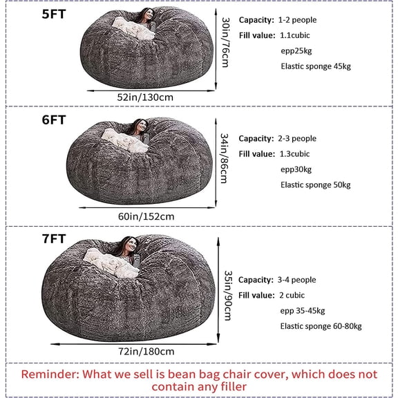 Big Huge Giant Bean Bag Chair for Adults, (No Filler) Bean Bag Chairs in Multiple Sizes and Colors Giant Foam-Filled Furniture - Machine Washable Covers, Double Stitched Seams (Gray 1,5FT)