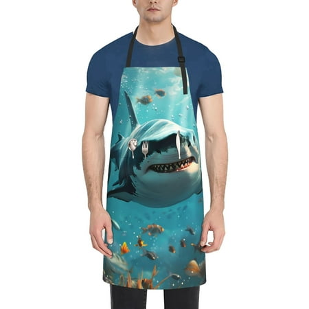 

Adobk Aprons Adjustable Bib Aprons with 2 Pockets Cooking Kitchen Chef Apron for Women and Men-Men-Realistic Ocean Shark