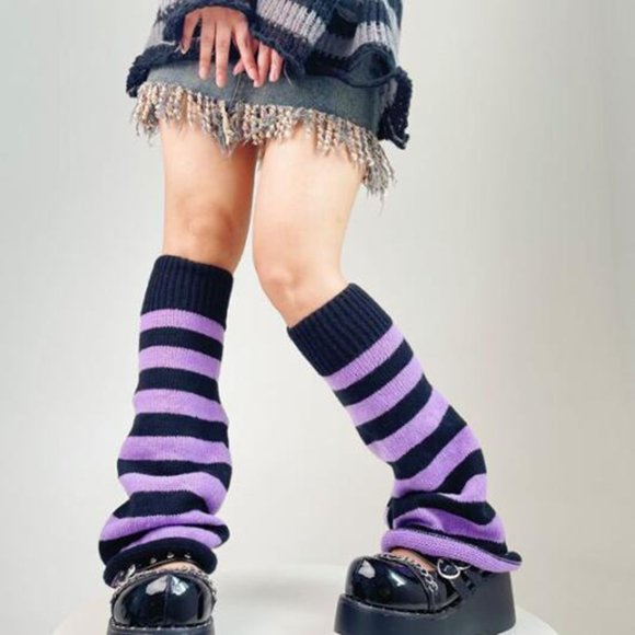 Leg Warmer Women Leg 1 Pair Japanese Style Flared Shape Long Student Leg Elastic Cuffs Solid Color Striped Loose Knitted Leg Fashion leg warmers