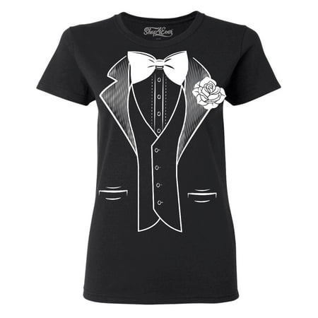 Shop4Ever Women's Classic Tuxedo Costume with White Rose Graphic T-Shirt