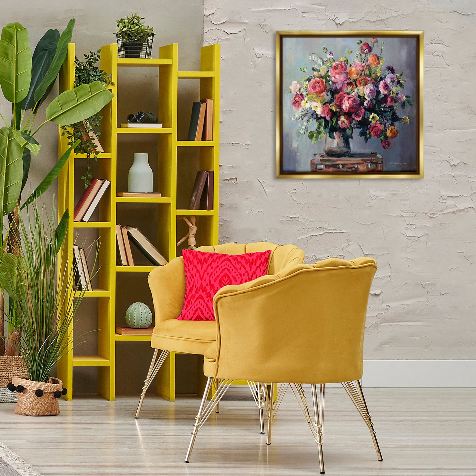 Stupell Industries Abundant Rose Bouquet Plants & Flowers Painting Gold Floater Framed Canvas Art Print Wall Art, 25 x 25