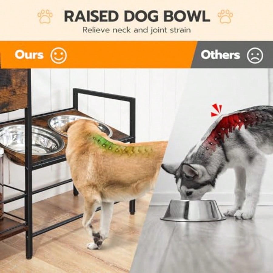 Raised Dog Bowls Elevated Dog Bowl Stand With 3 Heights Adjustable 2 Stainless Steel Bowls For Large Medium Breeds Dogs Feeding Station With Storage Rustic Brown And Black BF22PO03