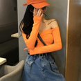thumbnail image 3 of Women Long Sleeve T-shirt Fashion Casual Sexy Off Shoulder Cropped Top Solid Color, 3 of 3