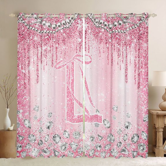 Homewish Letter L Monogrammed Black Out Curtains,Chic Diamond Curtains Pack of 2 (42x63 Each),Pink Glitter Print Bedroom Curtains For Girls,Microfiber Room Decorative