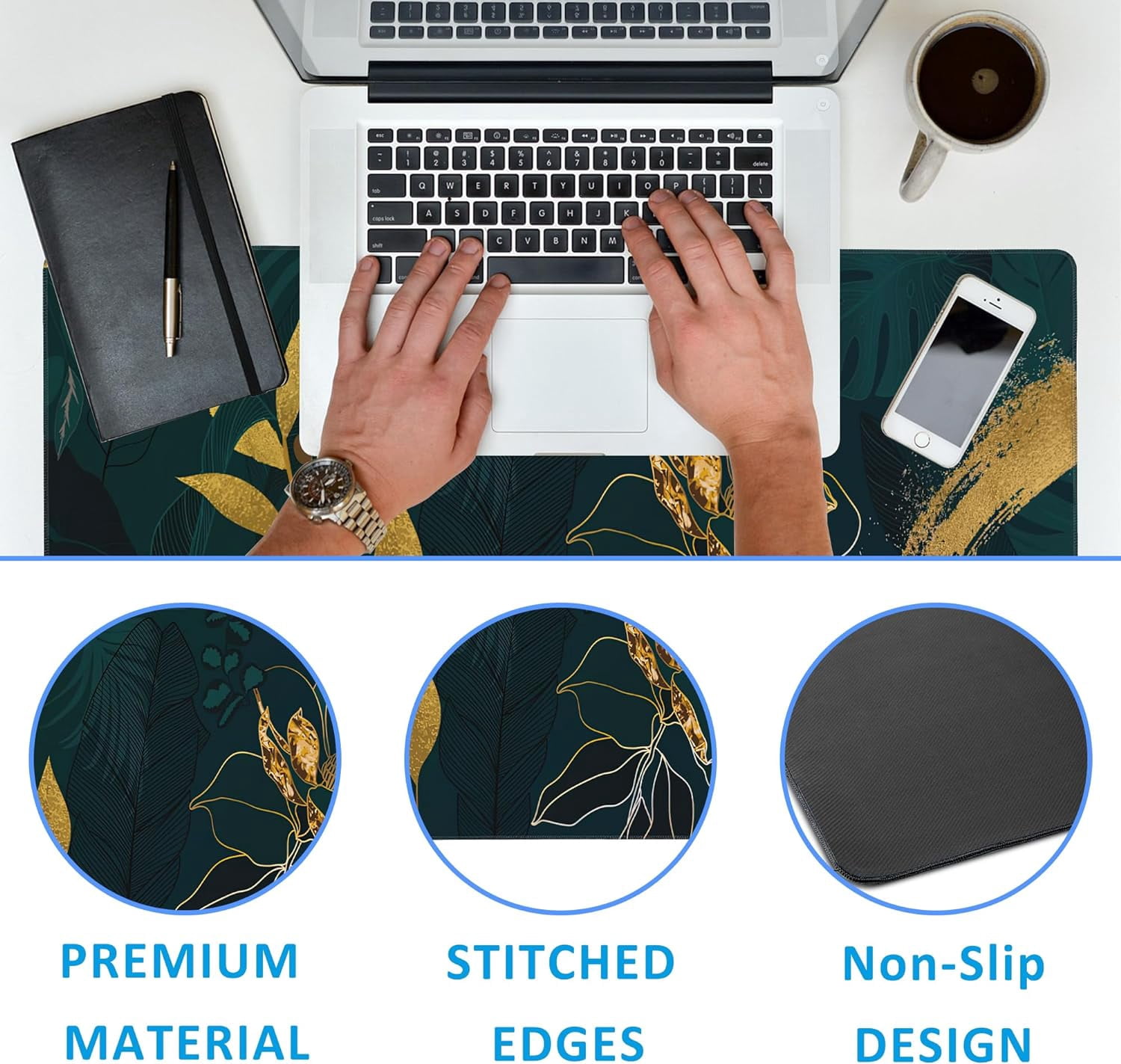 Luxury Green Summer Desk Mat,Large Gaming Mouse Pad,Non-Slip Rubber Base Desk Pad with Stitched Edges for Desk Office Home Decor 35.4X15.7 Inch