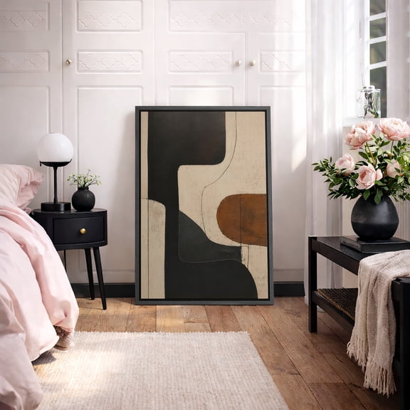 Framed Canvas Print Wall Art Abstract Neutral and Black Blocks Print Minimalist Geometric Artwork For Living Room Decor - 16"x24" BLACK