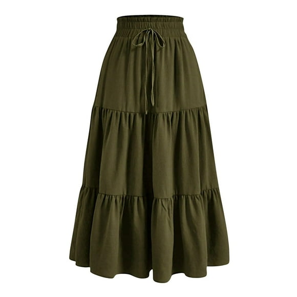 Tumotour Summer Skirt For Women Drawstring Casual Maxi Skirt A-Line Flowy Ruffle Tiered Elastic High Waist Beach Floral Long Skirts With Pockets