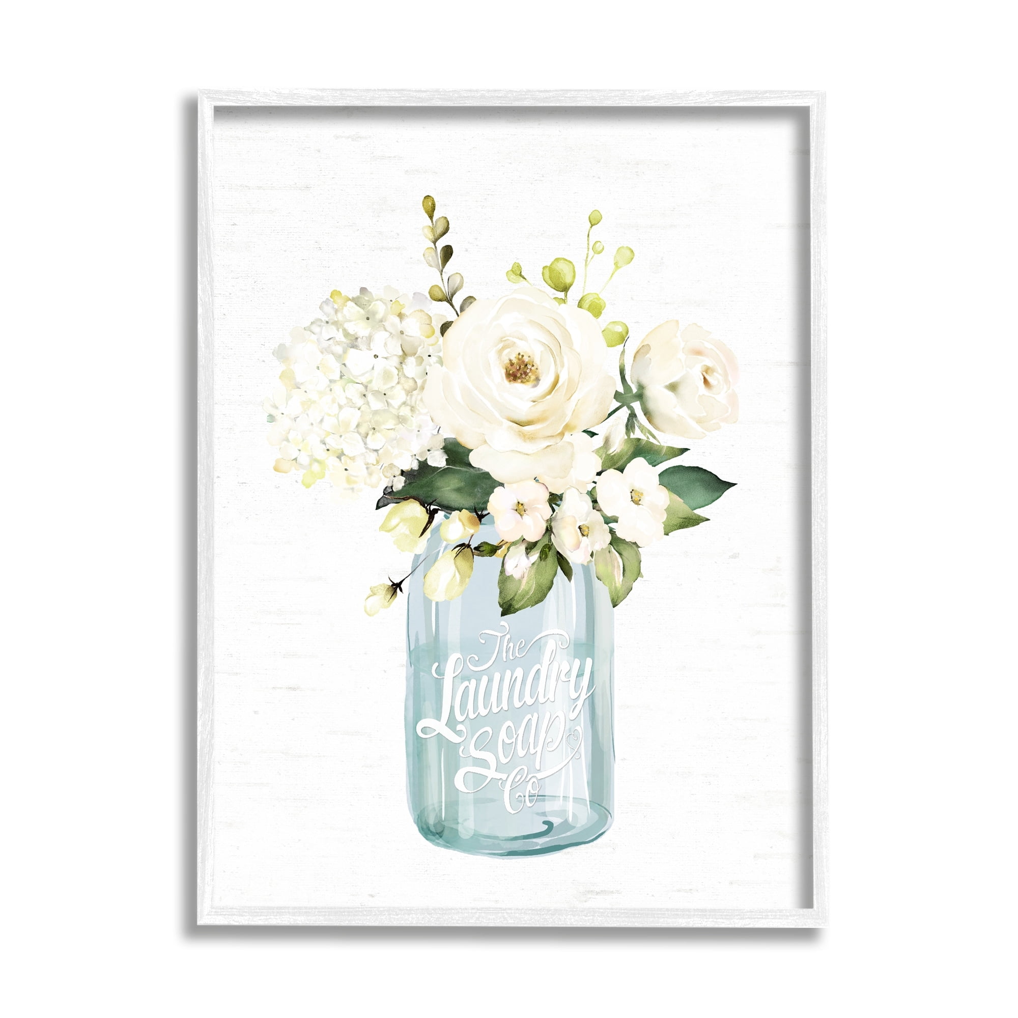 Stupell Industries White Floral Bouquet Vintage Laundry Text Jar Graphic Art White Framed Art Print Wall Art, Design by Lettered and Lined