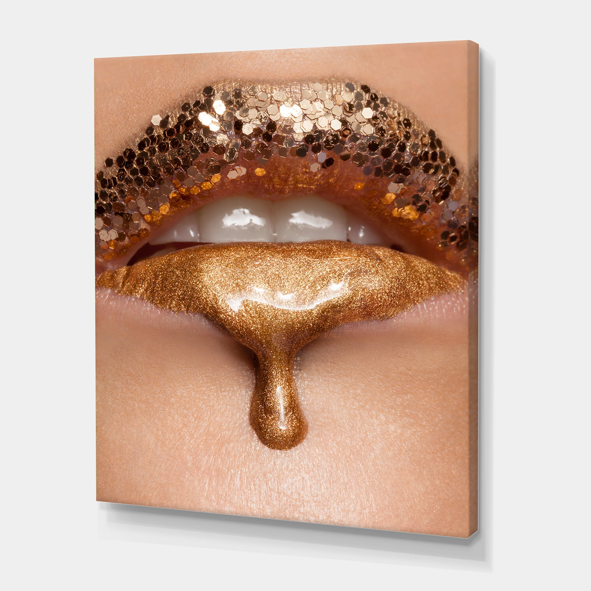 Designart ' Close-Up Of Woman Make-Up Of Gold Liquid Lips ' Modern Canvas Wall Art Print