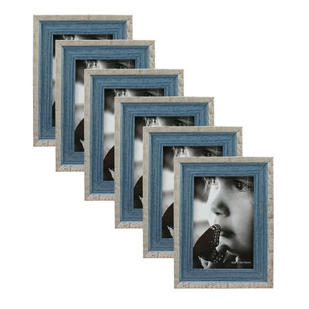 Modern Collection Picture Frame Plastic 4 X 6 Blue and Grey With Glass Panel Stand Vertical Or Horizontal Wall Mount For wall Hanging (6-Pack)
