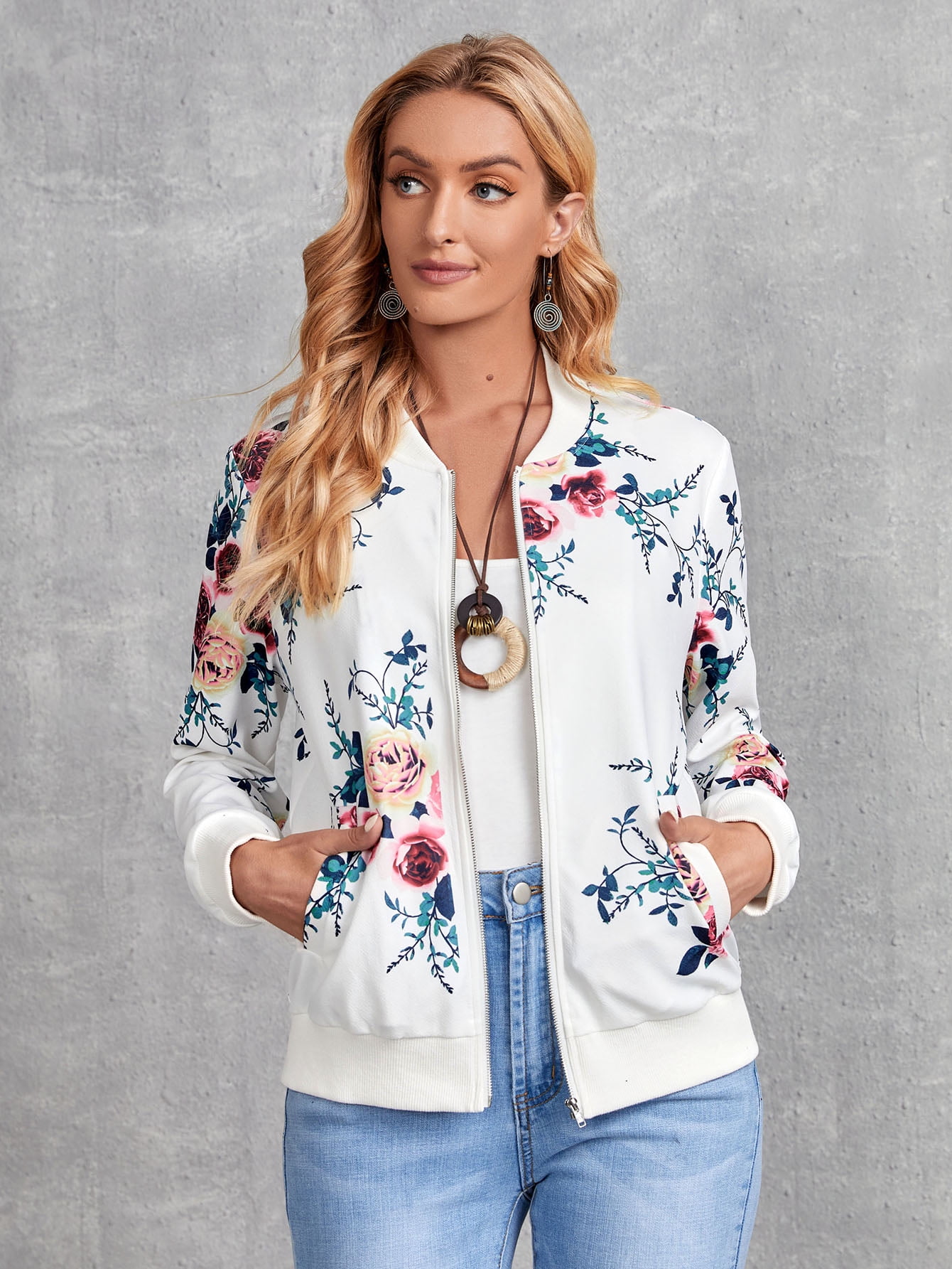 Mandy Women Fashion Floral Print Zipper Bomber Jacket Outwear Coat 