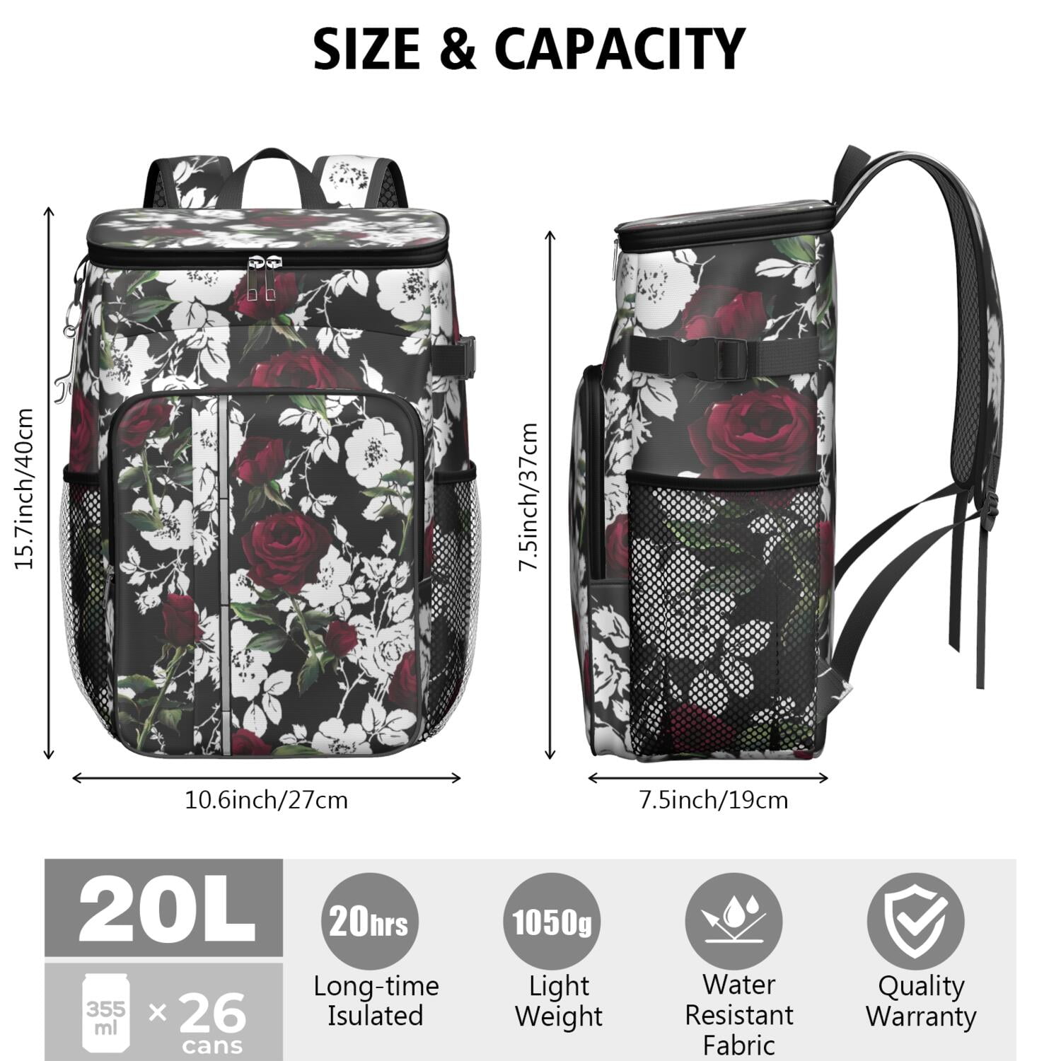 Travel Cooler Bag - Pioneer Flower Floral Print Pattern Camping Beer Cooler Backpack with Bottle Opener- Waterproof Insulated Picnic Backpacks - Cooler Bag for Beach