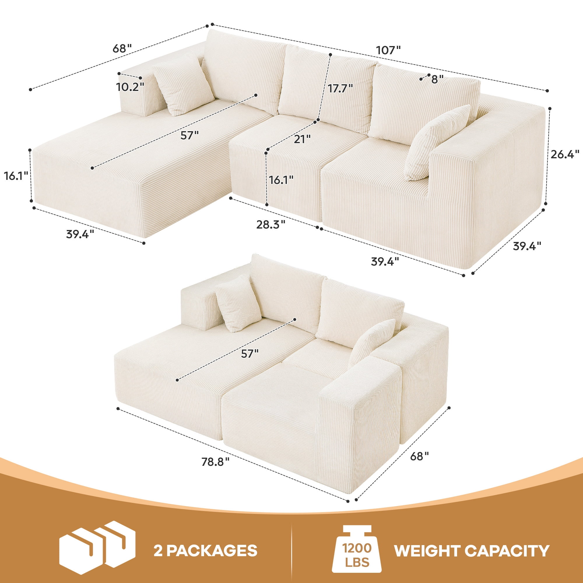 SERWALL 107" Modular Sectional Sofa, L Shaped Cloud Sectional Couch, Boneless Convertible Sofa for Living Room, Beige