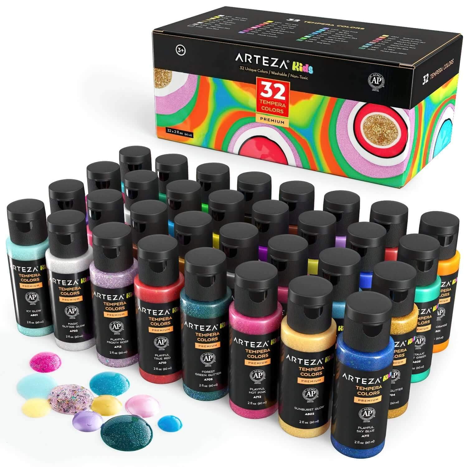 ARTEZA Kids Tempera Paint, Assorted Colors, 60ml Bottles, Set of 32