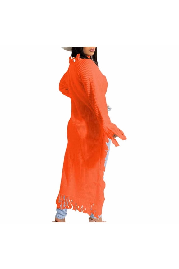 Stylish Women's Sweater Casual Tassel Long Sweater Long Sleeve Knit Pullover Winter Tops Blouse Curved Hem Open Front Knit Sweater Cardigans Orange 8
