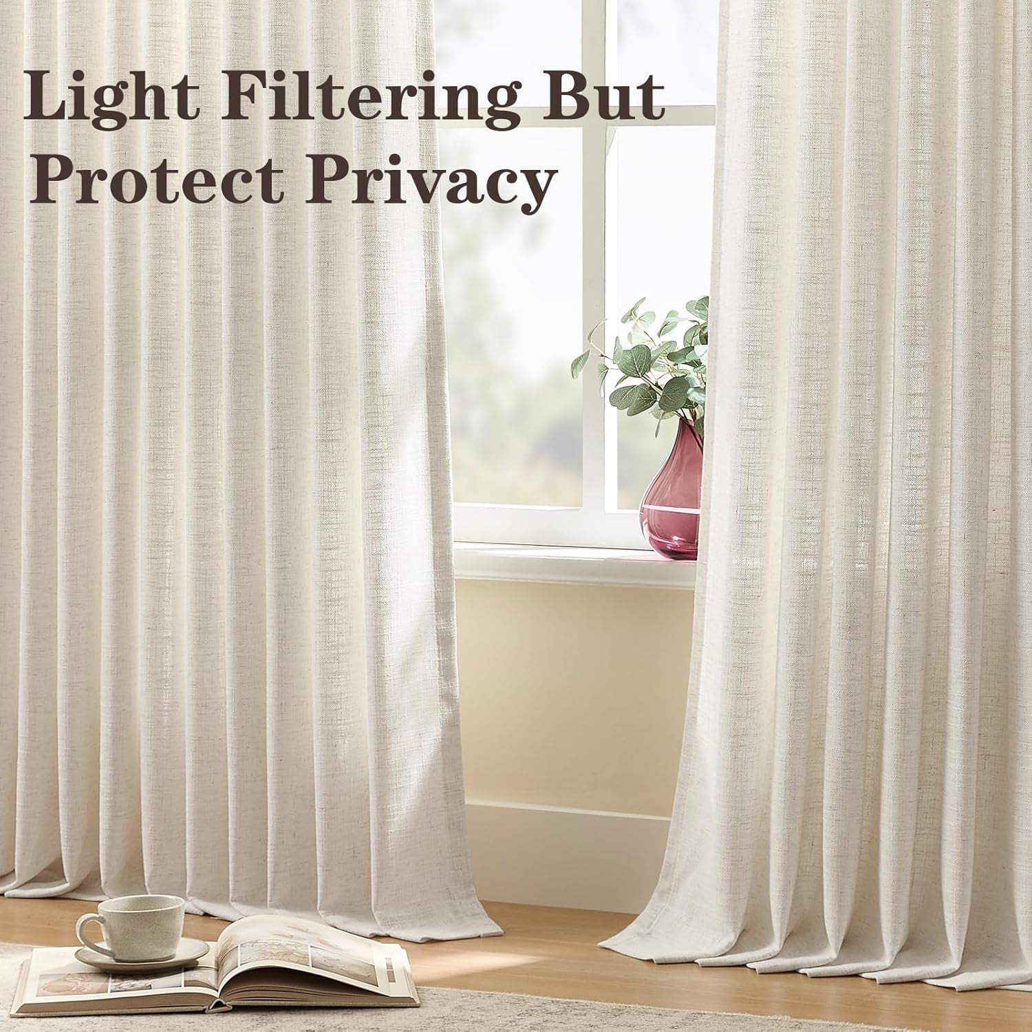 Galenzoov 40×90 inch 2 Panels Pinch Pleated Linen Curtains for Home, Light Filtering Airy & Privacy Protection Breathable Window Drapes for Bedroom, Living room, Office, Natural