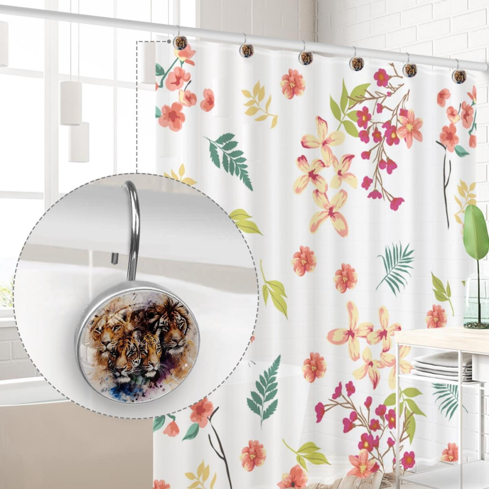 Watercolor Tigers and Lions Shower Curtain Hooks Round Crystal Glass, Set of 12 Shower Curtain Rings - Shower Hooks for Curtain Shower Rings