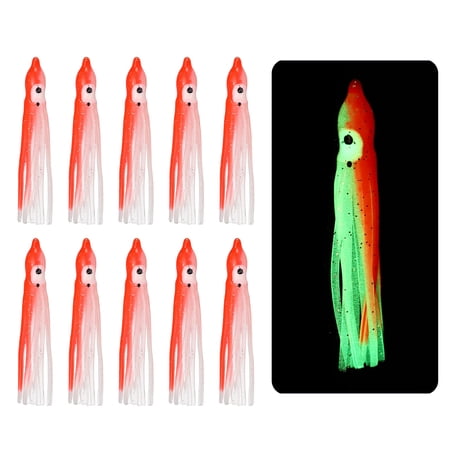 Fishing Squid Skirts Glow Soft Plastic Trolling Lures Luminous 2 x 0.3 Inch & 10 Pcs & Clear/Red -Fitting for (Bass/Trout)