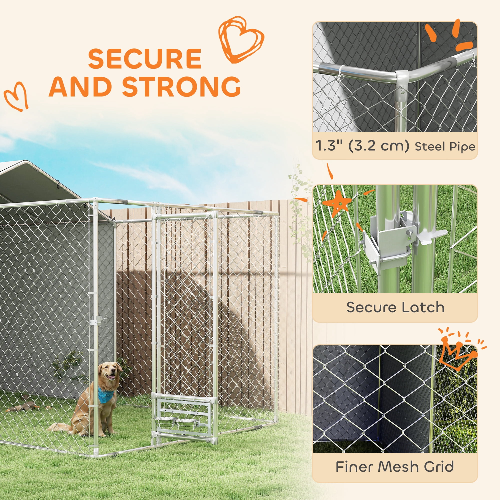 PawHut Large Outdoor Dog Kennel, Chain Link Dog Kennel Outside with Weather Resistant Cover, Rotating Bowls Door, for M&L Dogs, 13.1' x 7.5' x 7.5'