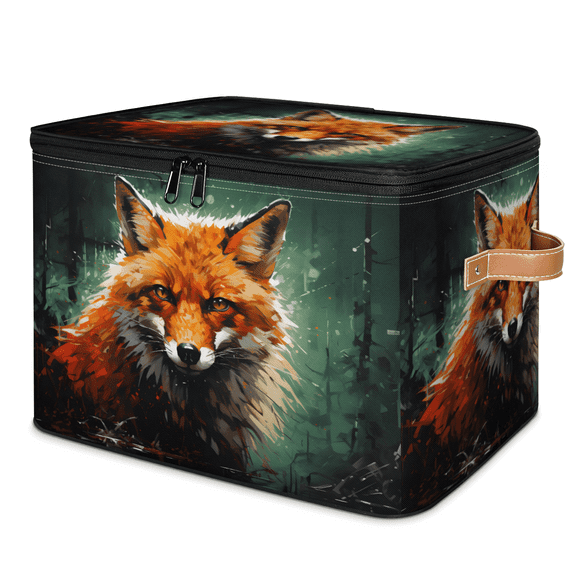 CURLYOOT Fox Painting Storage Bin with Zipper Lid, Fabric Decorative Lidded Storage Baskets Boxes, Foldable Organizer Container Basket for Bedroom Closet Shelf