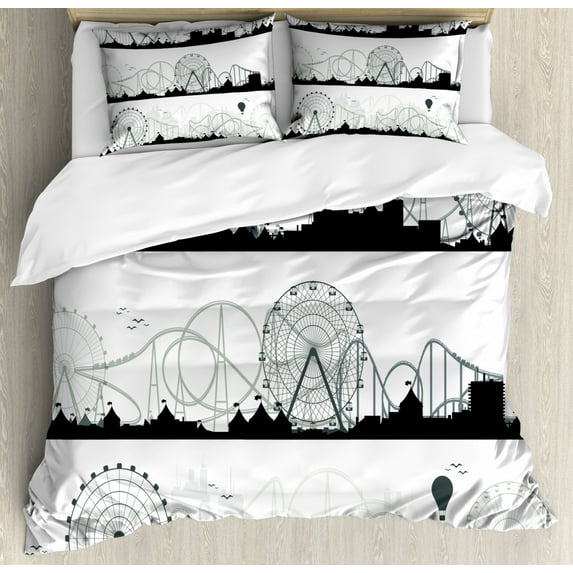 Ferris Wheel Duvet Cover Set Queen Size, Monochrome Modern Artistic Funfair Carnival, Decorative 3 Piece Bedding Set with 2 Pillow Shams, Dark Night Blue Ivory and Pale Almond Green, by Ambesonne