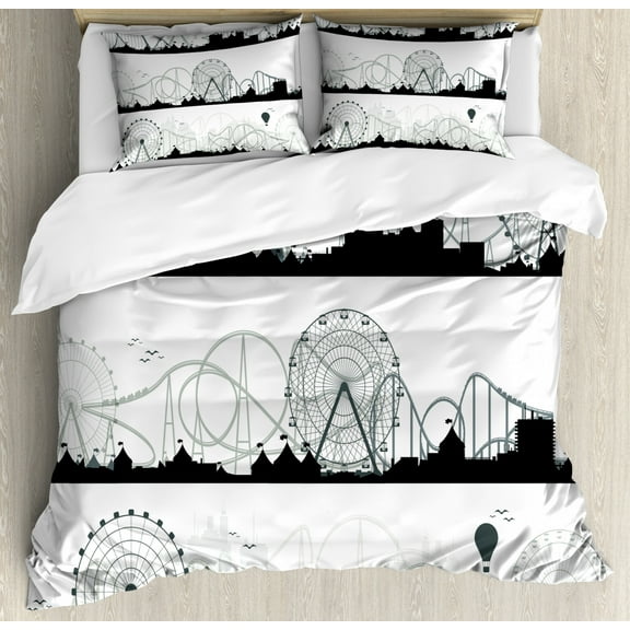 Ferris Wheel Duvet Cover Set King Size, Monochrome Modern Artistic Funfair Carnival, Decorative 3 Piece Bedding Set with 2 Pillow Shams, Dark Night Blue Ivory and Pale Almond Green, by Ambesonne