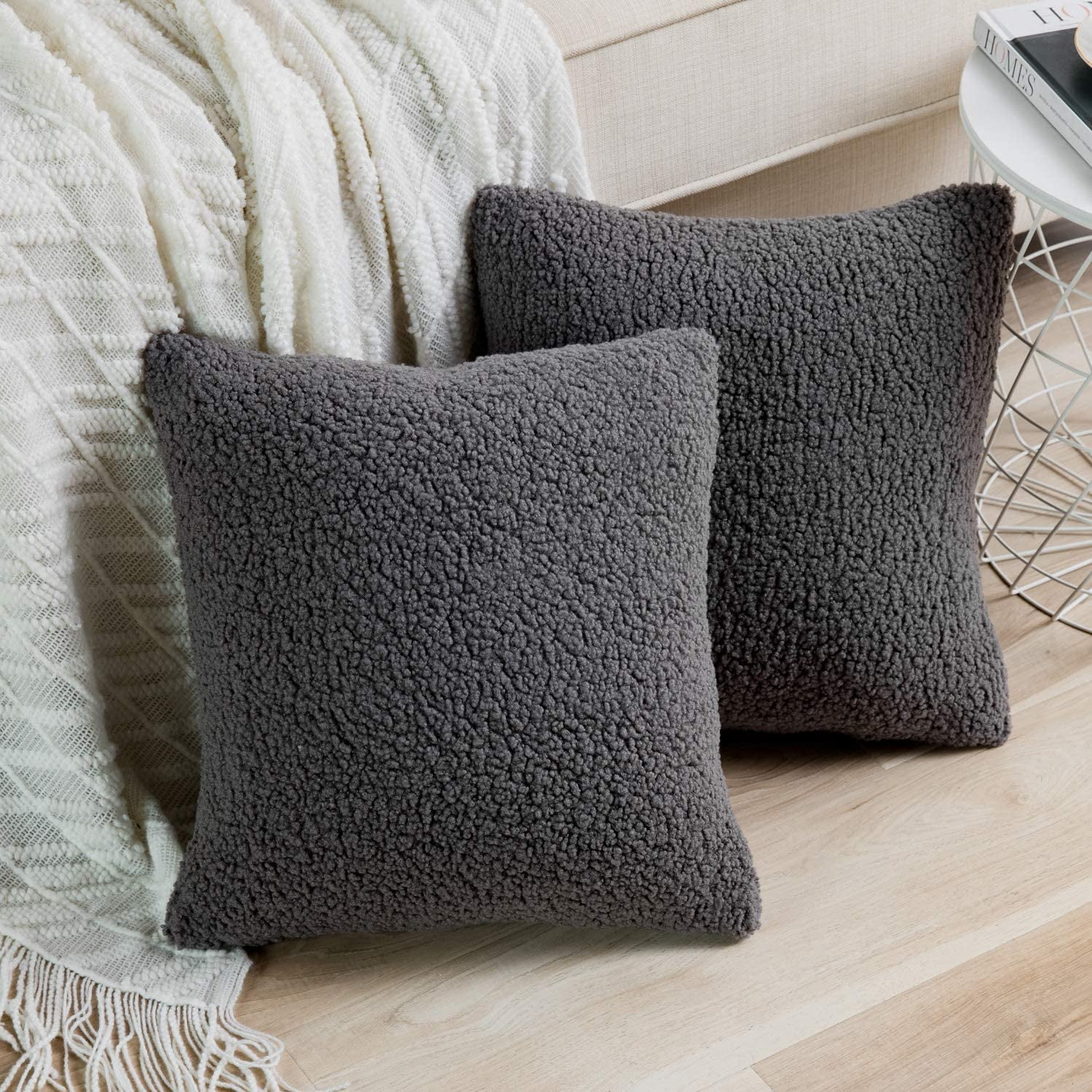 Set of 2 Grey Decorative Luxury Faux Curly Wool Fur Pillow Covers 18x18 Inch Soft Wool Square Throw Pillow Cases Cushion Covers for Sofa Couch Bedroom Living Room Home Decoration Walmart