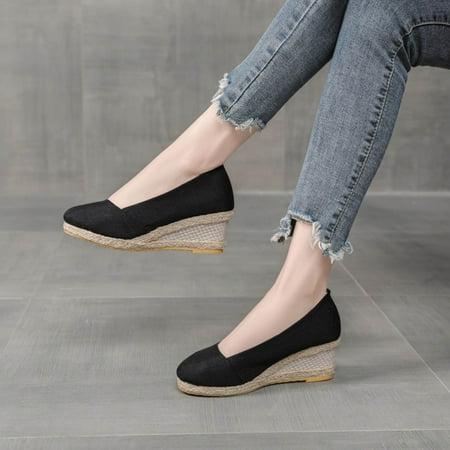 

Josdec Womens Shoes Clearance Summer Shallow Wedge Heels Pointed Straw Woven Linen Shoes