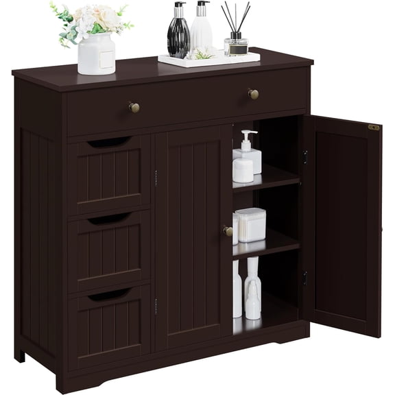 FASHENG 32" Espresso Bathroom Floor Cabinet, 4 Drawers & 2 Doors, Adjustable Shelf, Large Storage for Kitchen/Living Room