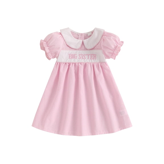 Lairauiy Kids Girls Summer Plaid Dress Letter Embroidery Short Sleeve A-Line Dress for Toddler Cute Clothes
