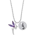 thumbnail image 1 of Delight Jewelry Silvertone Large Fairy with Purple Wings Silvertone Script Initial Disc - J - Charm Necklace, 20"+3", 1 of 4