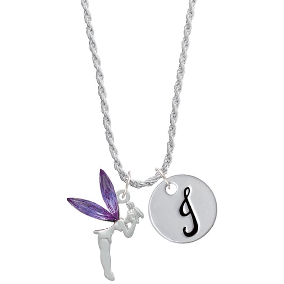 Delight Jewelry Silvertone Large Fairy with Purple Wings Silvertone Script Initial Disc - J - Charm Necklace, 20"+3"