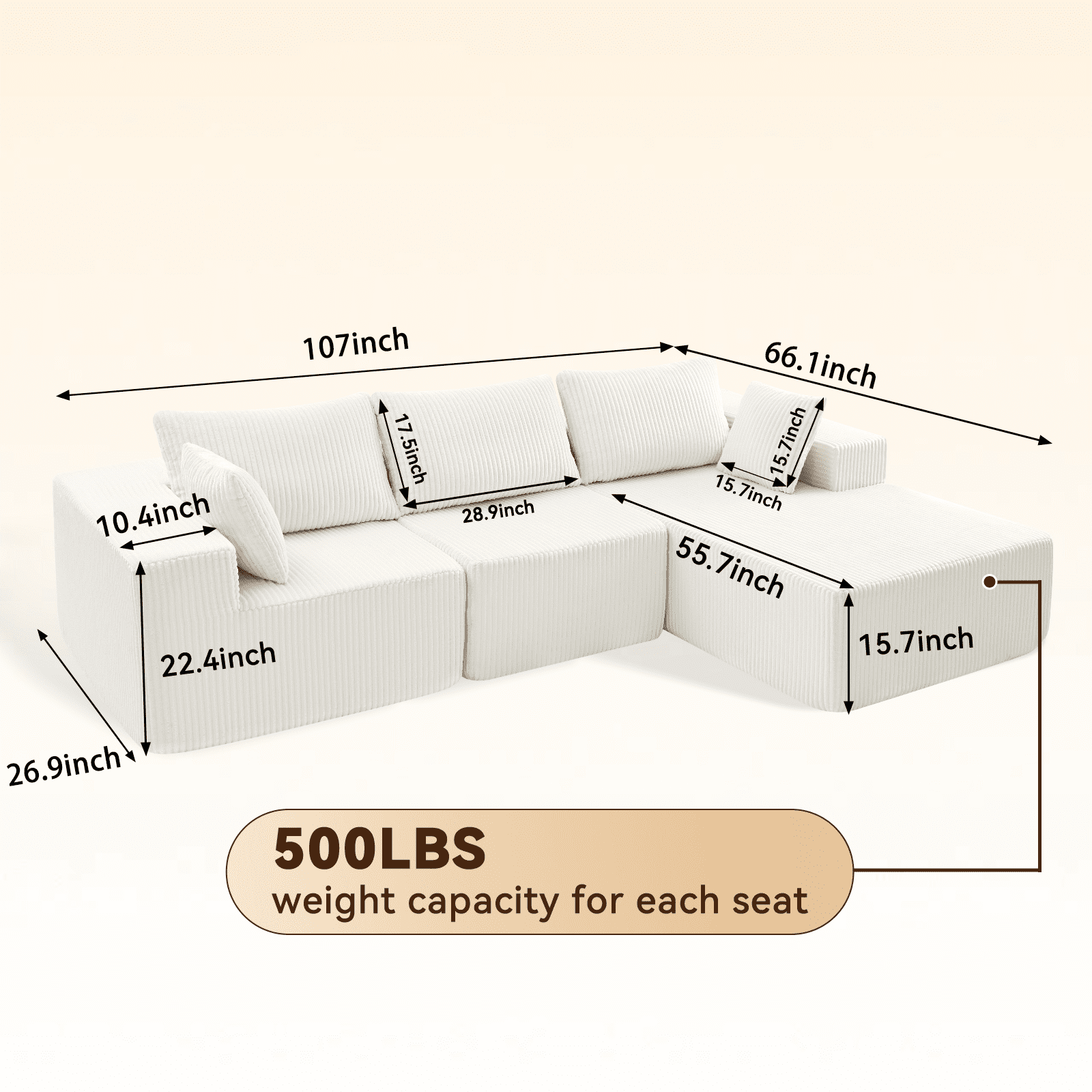 Aukfa 107" Modular Sectional Sofa, Corduroy Upholstered Deep Seat Couch with Right Chaise, Convertible Sleeper, Dark Gray