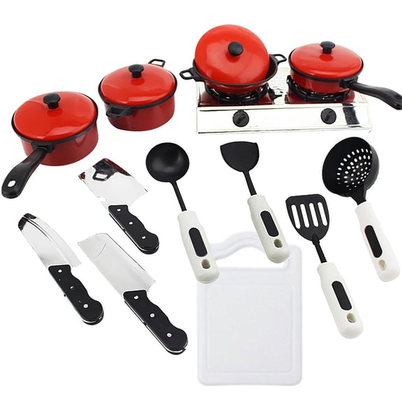 miiqii 13Pcs Kids Play Kitchen Toys Set, Toddlers Pretend Cooking Playset Acccessories with Pots Pans, Utensils Cookware, Foods, Canned Veges, Learning Gift for Kids Girls Boys (Red)