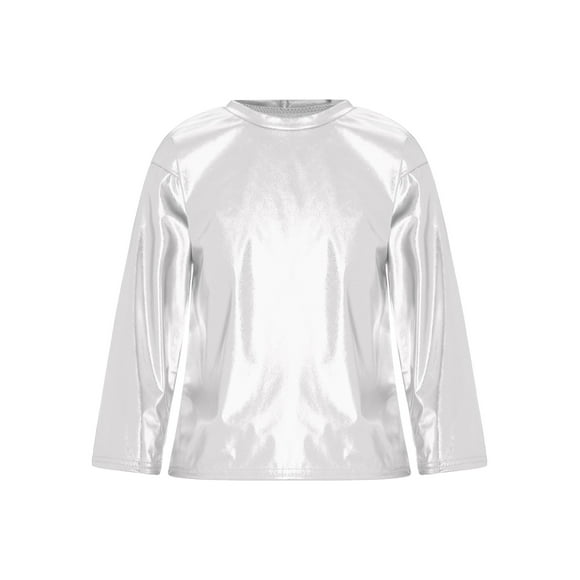 YUUMIN Kids Boys Girls Shiny Metallic Long Sleeve Crew Neck Shirt Top Street Jazz Hip Hop Dance T-Shirt Tees Dancewear Silver 160