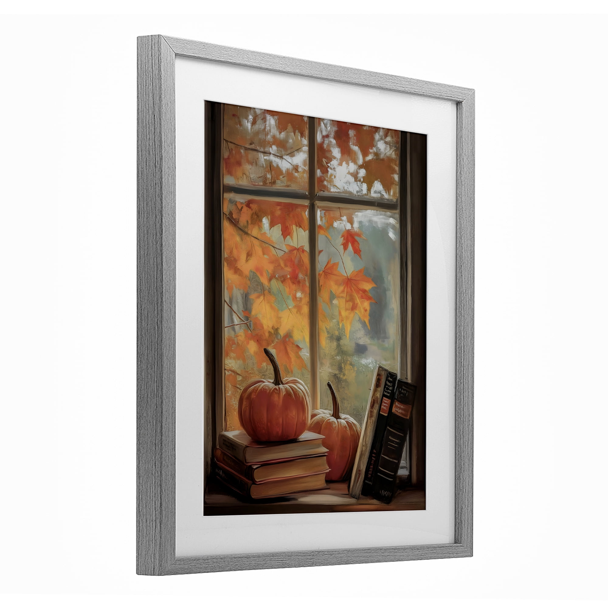 Cozy Fall Window Books Gray Framed Print Under Glass, design by Arlington Prints