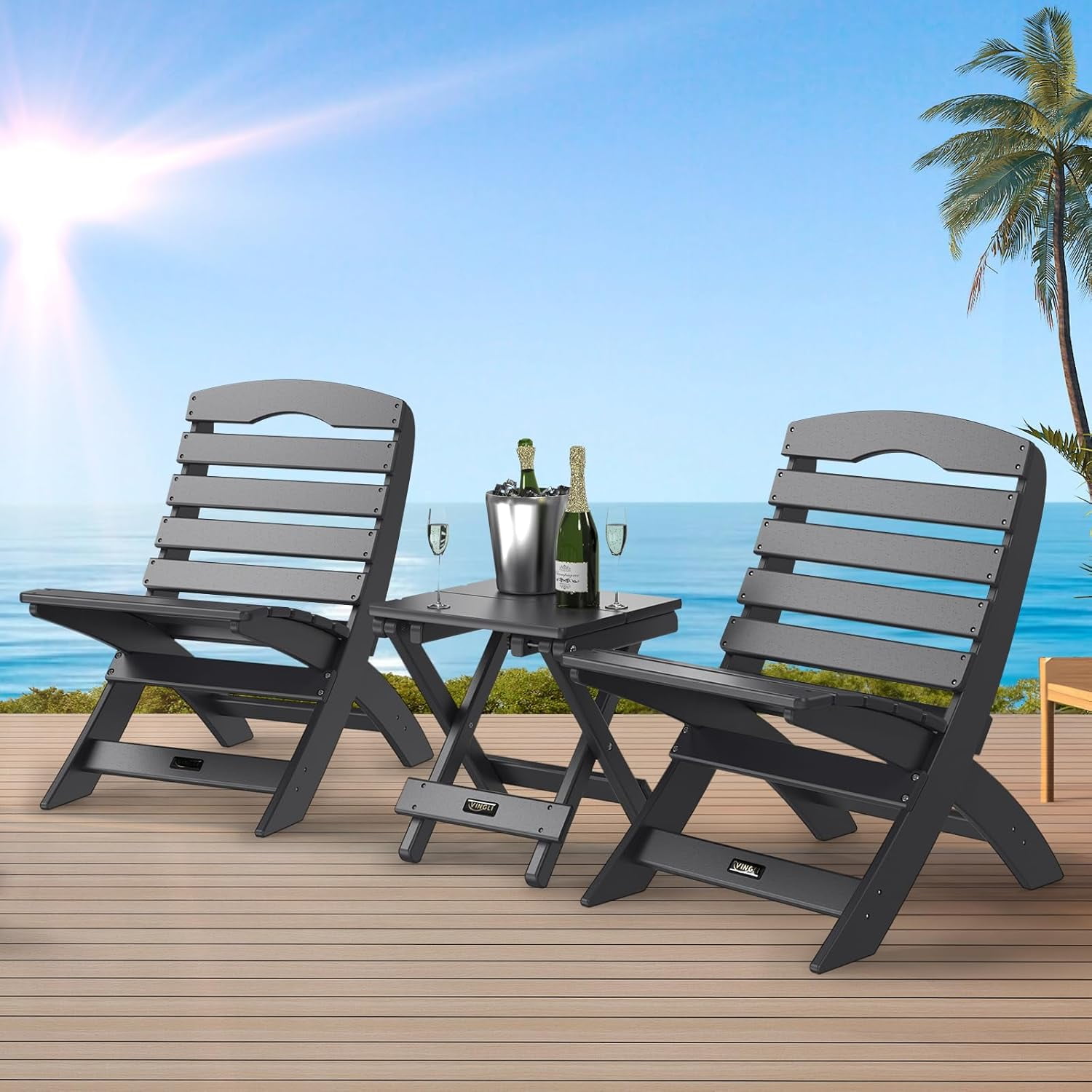 FeGemax Portable Adirondack Chairs, Folding Plastic Adirondack Chair for All Weathers, Outdoor Fire Pit Chairs for Patio Poolside Porch Beach, Capacity 350 LBS, Black