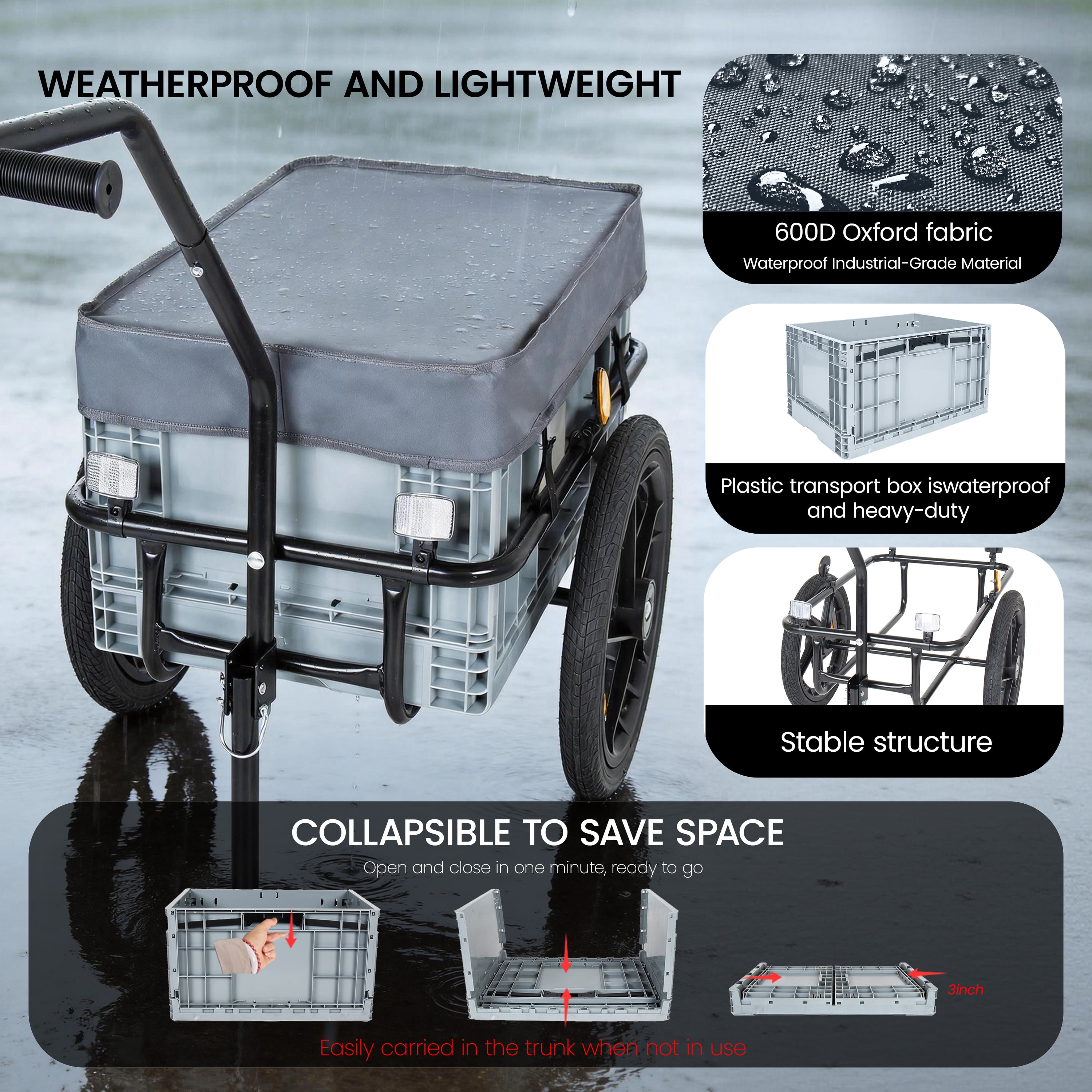 2 in 1 Bike Cargo Trailer with Foldable Storage Box, Removable & Waterproof Cover, Bicycle Trailer w/Quick Release 16" Wheels, 70L Large Capacity, Black+Gray
