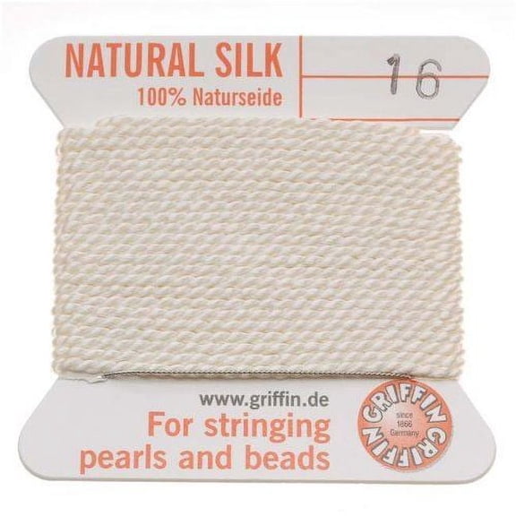 Griffin Silk Bead Cord Perlseide – White Color – Size 16 (1.05mm) – 2 Meters per Card – Stainless Steel Needle Attached – for Knotting Pearls, Gemstones, Crystals and Beads