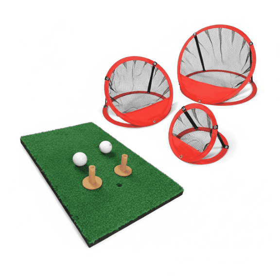 MAZEL Golf Hitting Mat with Red Net, 50x30cm Portable Practice Turf with Non-Slip Base, Perfect for Indoor & Backyard Golf Training