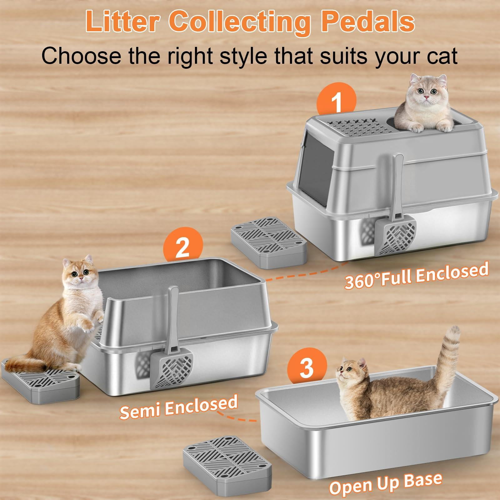 Stainless Steel Cat Litter Box With Lid Extra Large Enclosed Non-sticky Metal Pan High Sided & Scoop  Odor Free Front Top Entry Anti-leakage Easy Cleaning