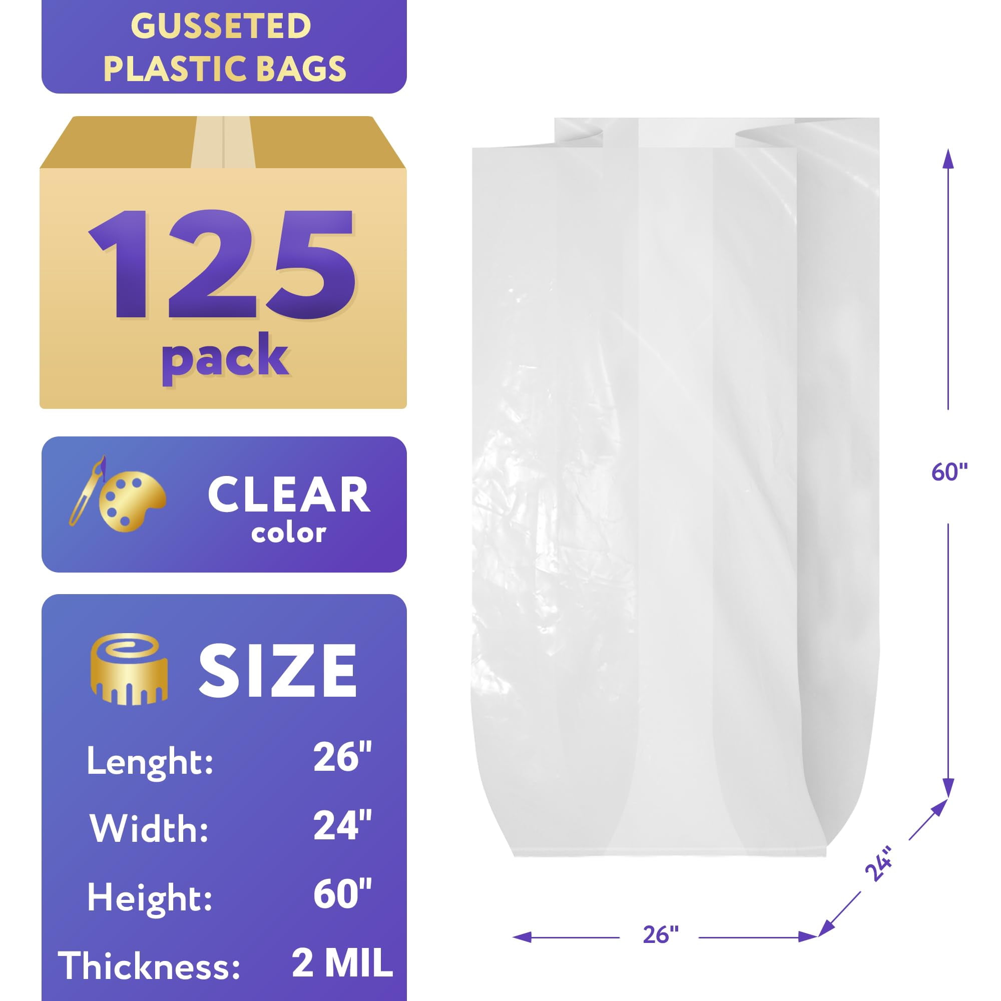 Clear Gusseted Plastic Food Bags, 2 Mil Poly Produce Rolls, 125 Count, 26 x 24 x 60 in