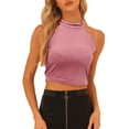 thumbnail image 1 of INSPIRE CHIC Women's Halter Neck Sleeveless Zipper Back Velvet Party Crop Tank Top L Dusty Pink, 1 of 6