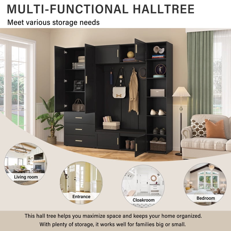 Farmhouse 4-in-1 Hall Tree with Padded Bench and 3 Drawers, Entryway Coat Rack with 4 Hooks and Adjustable Storage Shelves , Mudroom Shoe Bench Organizer for Living Room Hallway