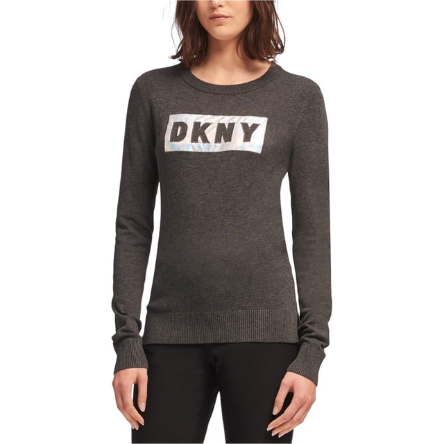 DKNY Womens Block Logo Pullover Sweater, Grey, Large
